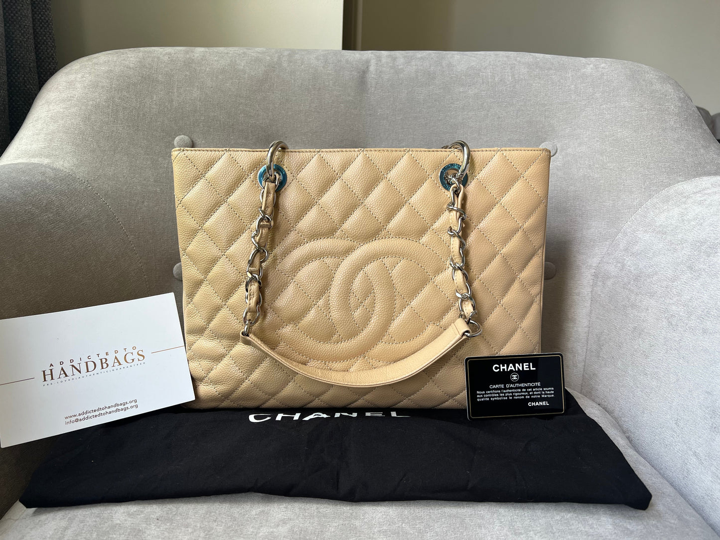 Chanel Light Beige Caviar Grand Shopper Tote with silver hardware