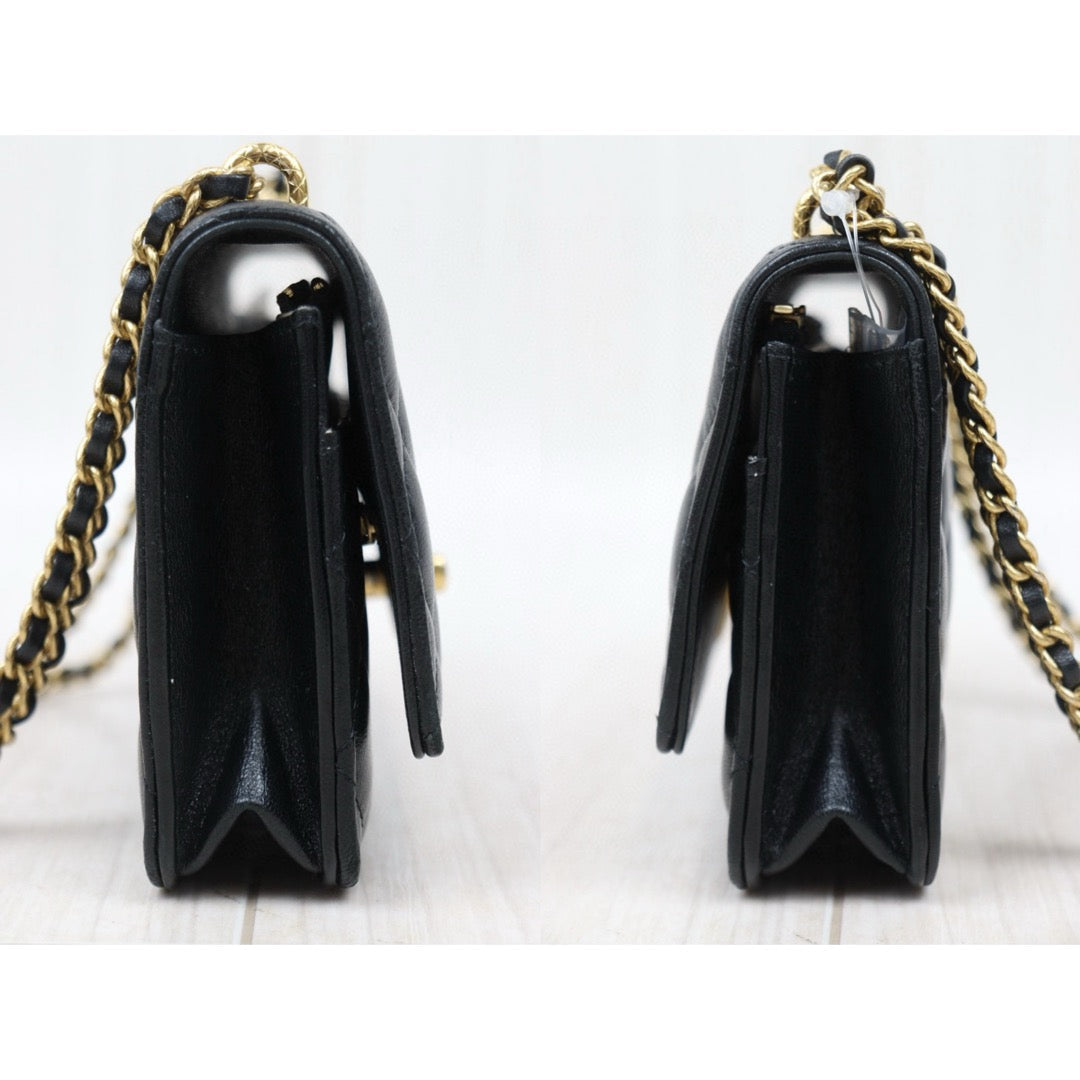 Good ( Rank AB)｜ CHANEL Matelasse Lamb Skin Chain Wallet Black Gold Hardware IC Chips Model ｜P25031402
