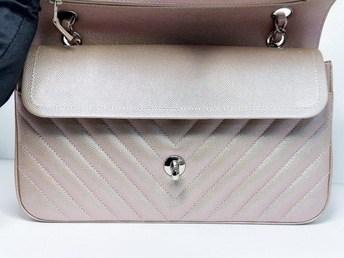 Chanel Medium Classic Chevron Caviar Double Flap Rose Gold SHW 24769 holo card