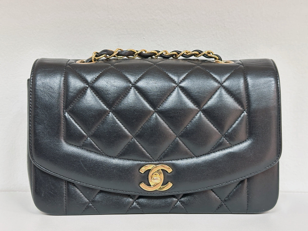 Chanel Small Vintage Diana Lambskin Should Flap Bag Black 3541 holo card