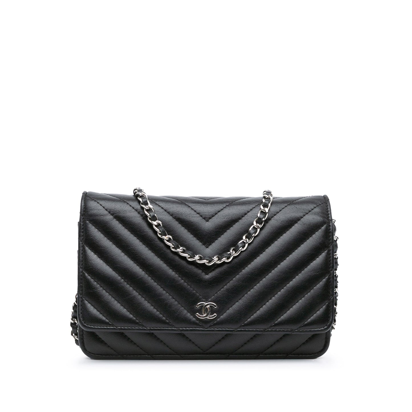 Black Chanel CC Chevron Lambskin Wallet On Chain Crossbody Bag