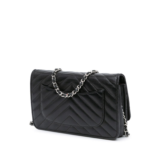 Black Chanel CC Chevron Lambskin Wallet On Chain Crossbody Bag