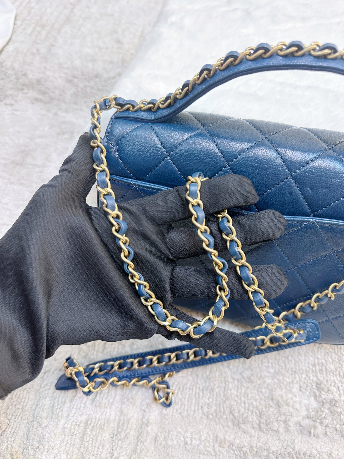 CHANEL Infinity Chain Quilted Leather Crossbody Bag Blue