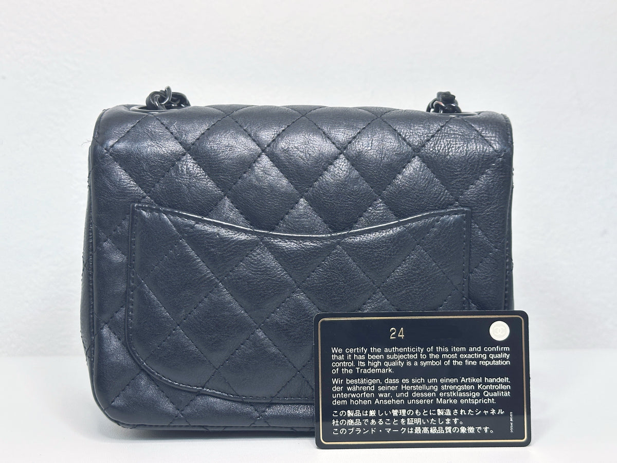 Chanel Quilted Mini Square Flap So Black Crumpled Calfskin 2417 holo card