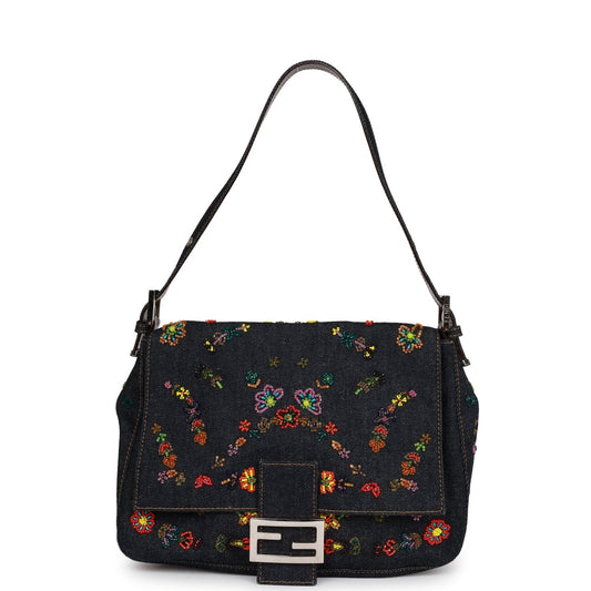 Vintage Fendi Mamma Baguette Bag Ricami Denim Floral Beaded Silver Hardware