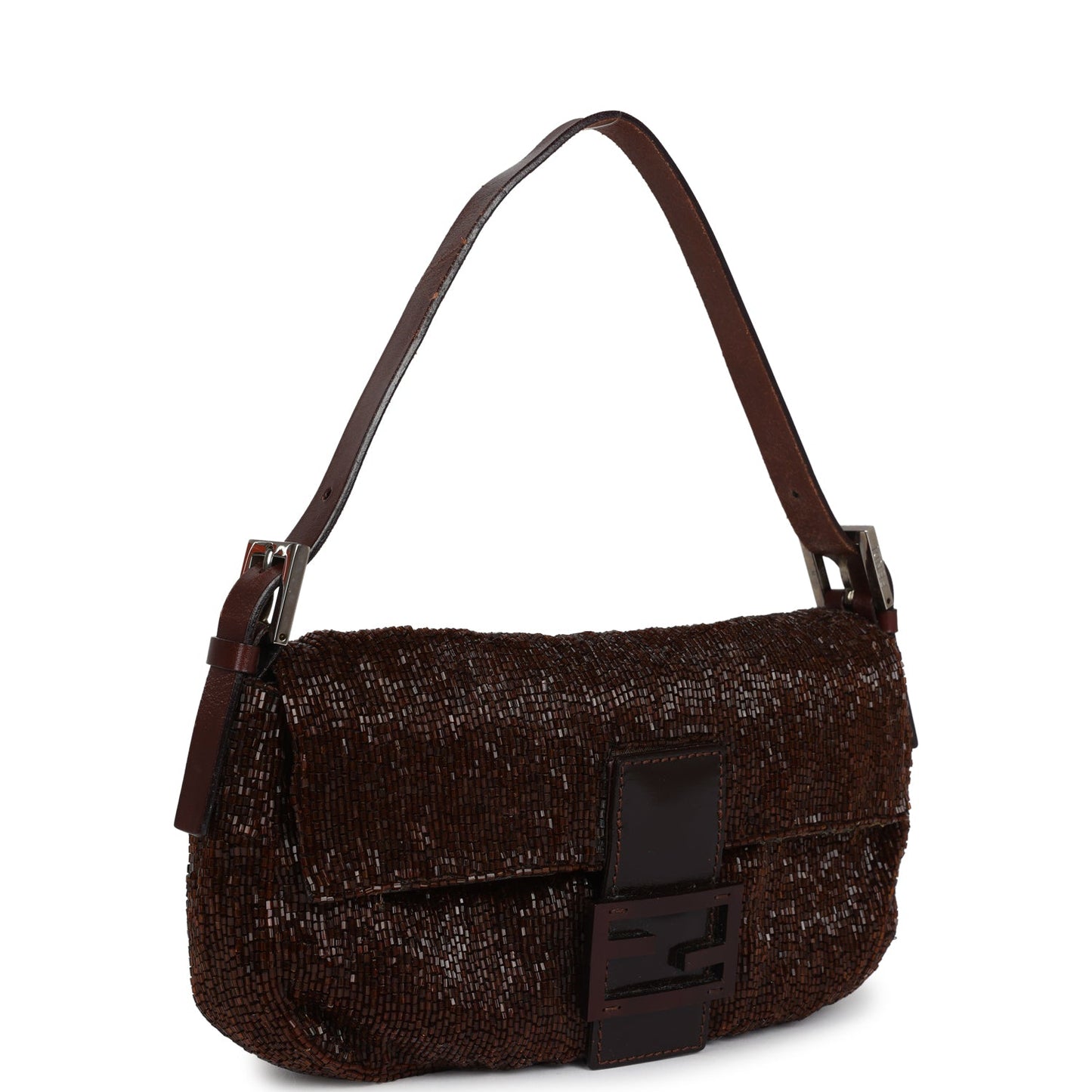Vintage Fendi Baguette Bag Brown Beaded Satin Silver Hardware
