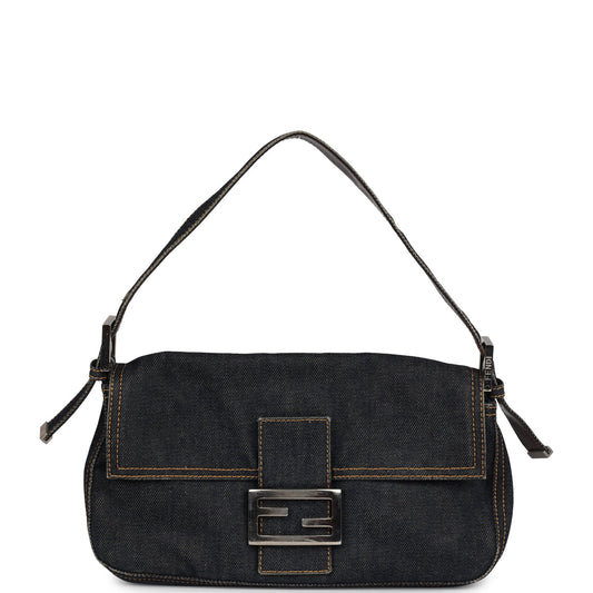 Vintage Fendi Baguette Bag Dark Blue Denim Silver Hardware