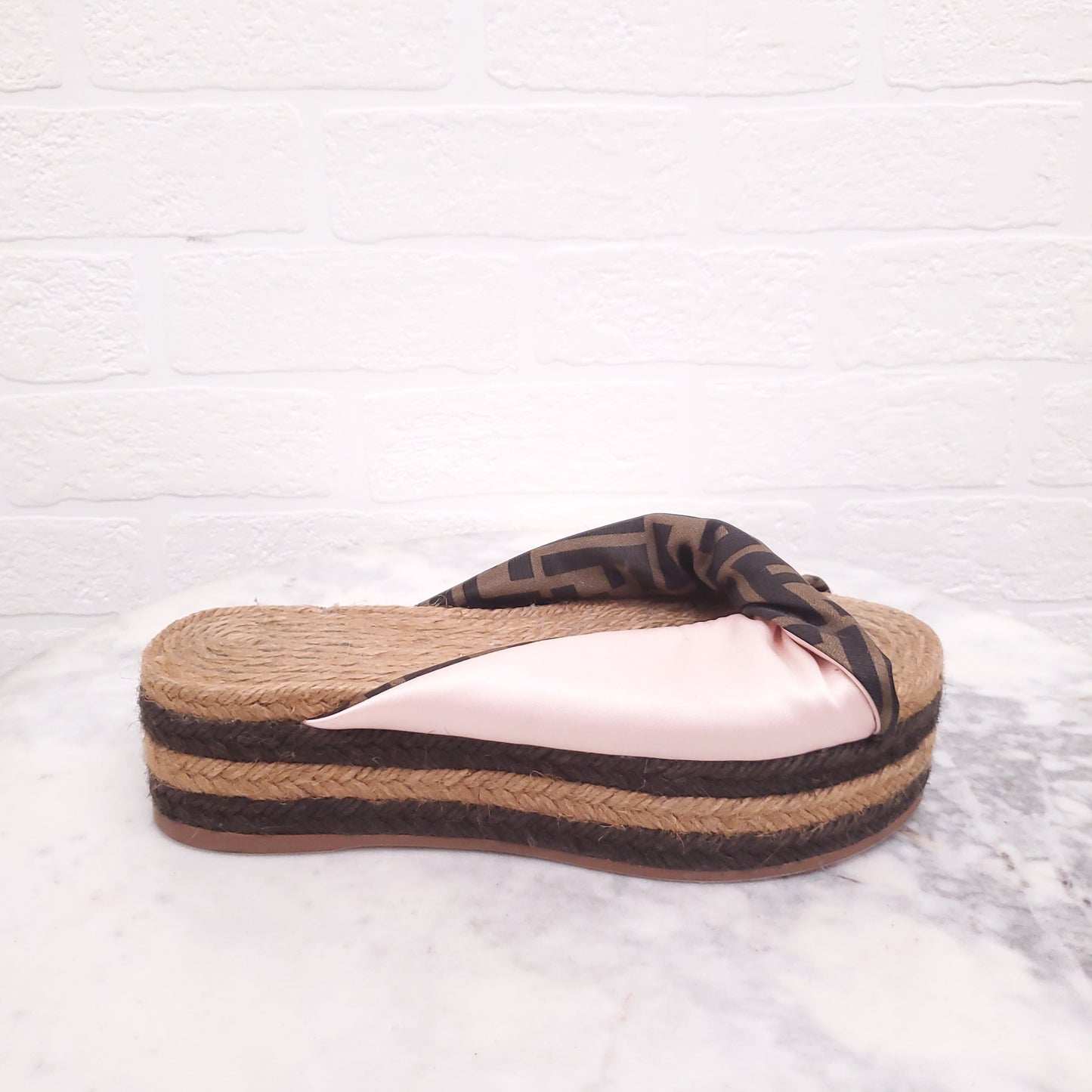 FENDI PINK LOGO PLATFORM ESPADRILLE SANDALS - SIZE 37