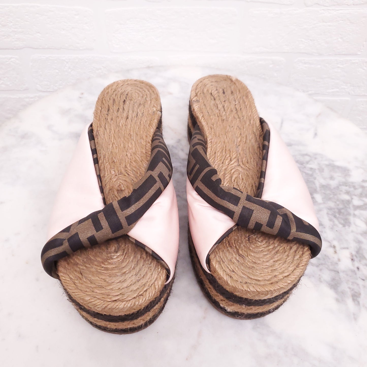 FENDI PINK LOGO PLATFORM ESPADRILLE SANDALS - SIZE 37