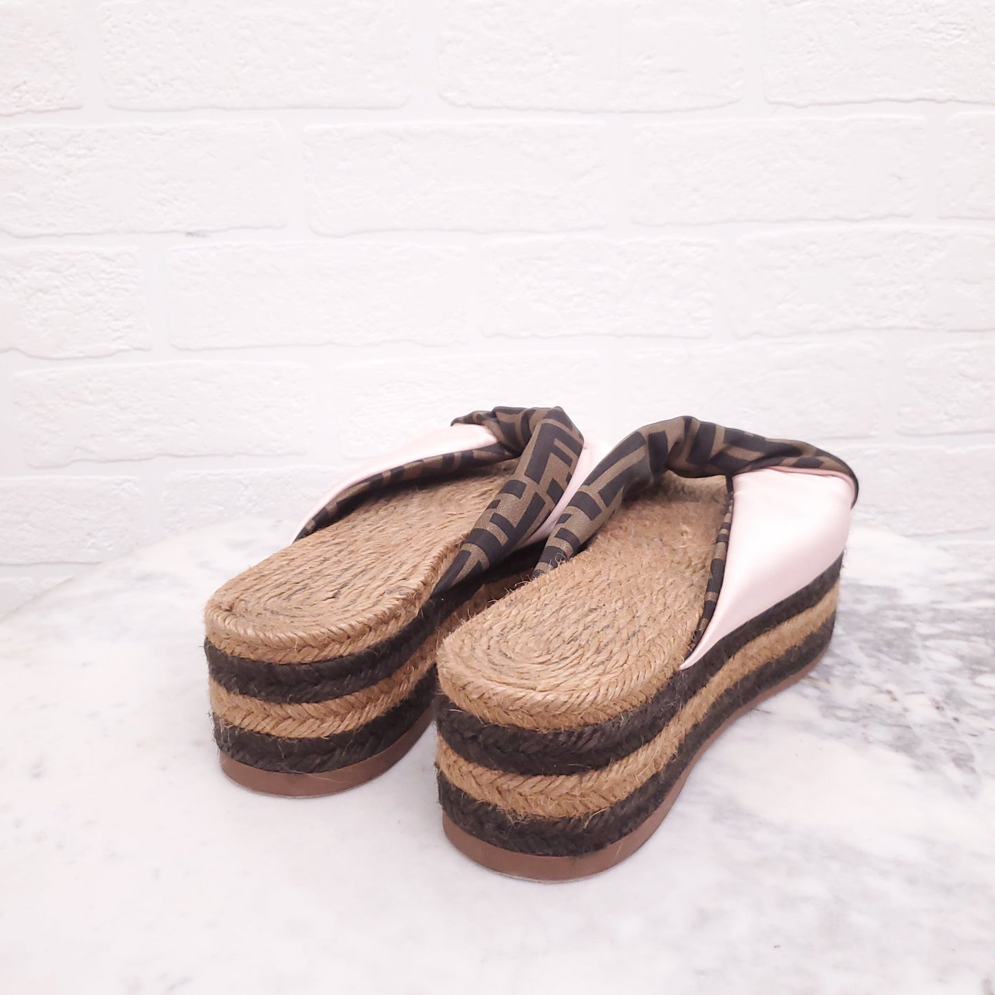 FENDI PINK LOGO PLATFORM ESPADRILLE SANDALS - SIZE 37