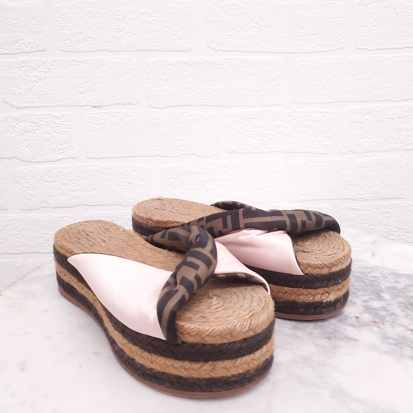 FENDI PINK LOGO PLATFORM ESPADRILLE SANDALS - SIZE 37