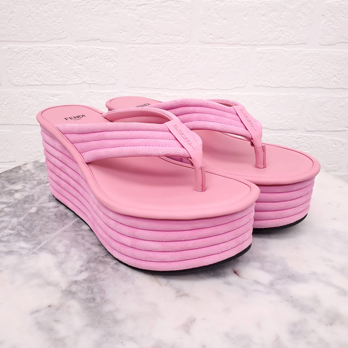 FENDI PINK SUEDE THONG SLIDES - SIZE 37.5