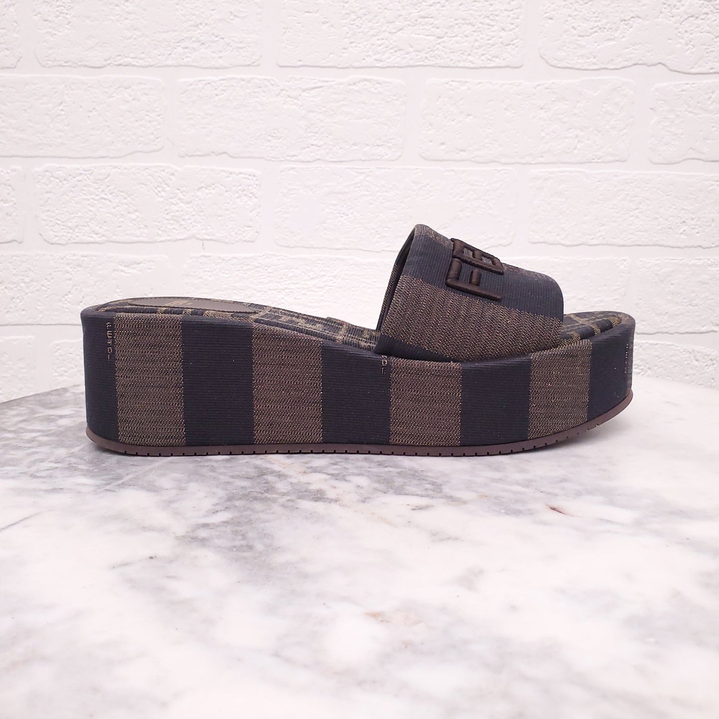 FENDI SUNSHINE FABRIC BROWN LOGO MULES - SIZE 37.5