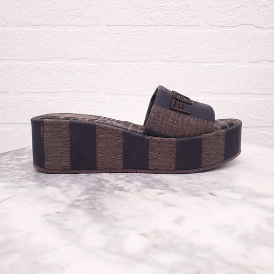 FENDI SUNSHINE FABRIC BROWN LOGO MULES - SIZE 37.5