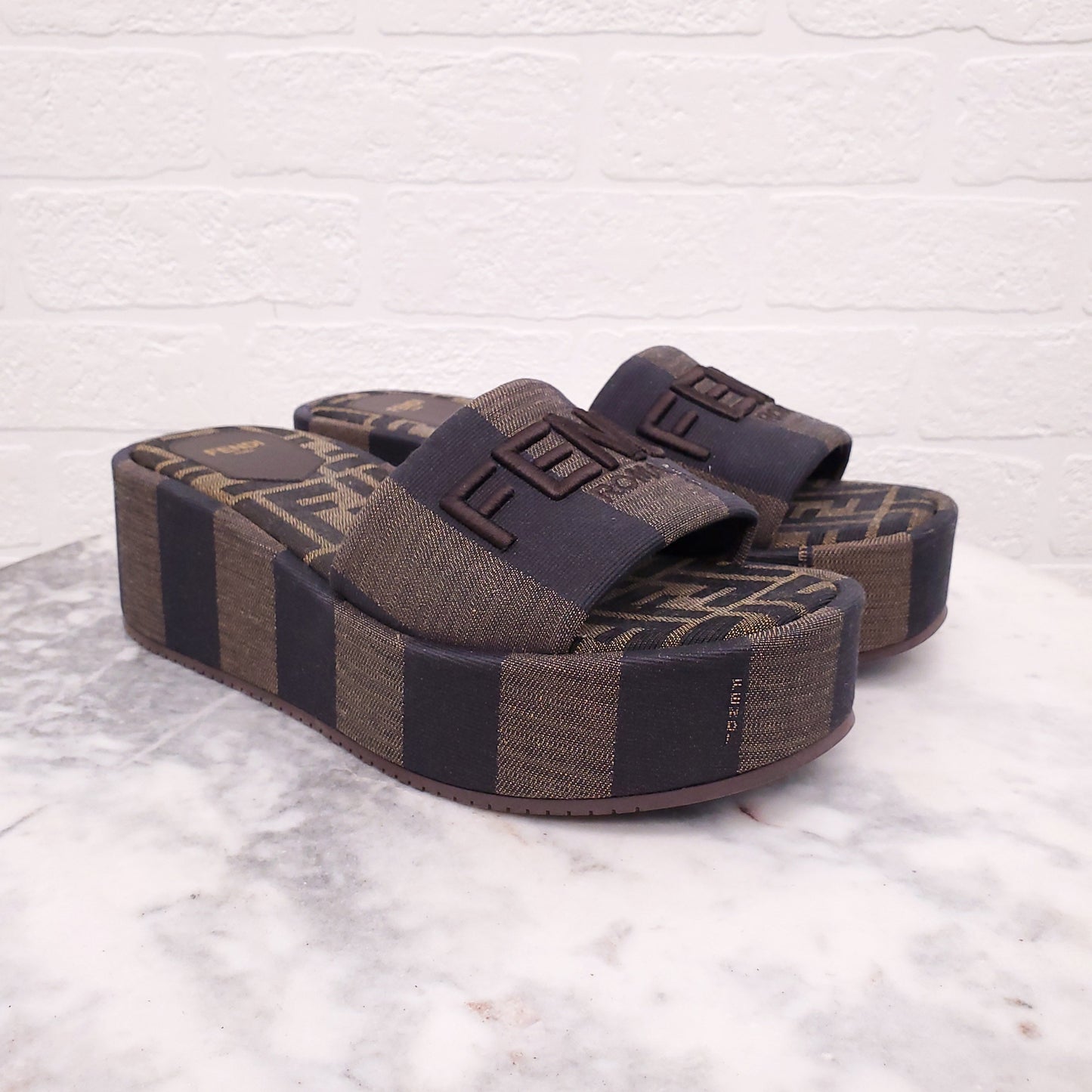 FENDI SUNSHINE FABRIC BROWN LOGO MULES - SIZE 37.5