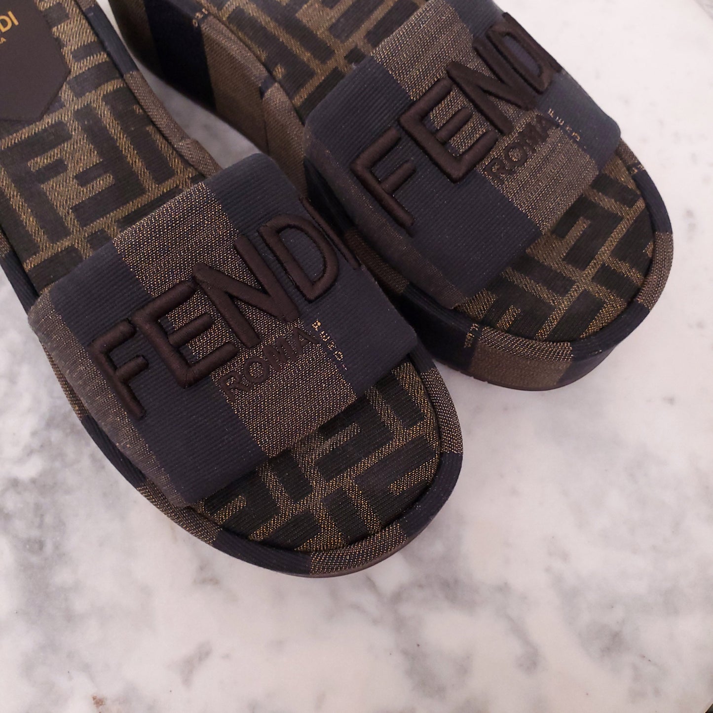 FENDI SUNSHINE FABRIC BROWN LOGO MULES - SIZE 37.5