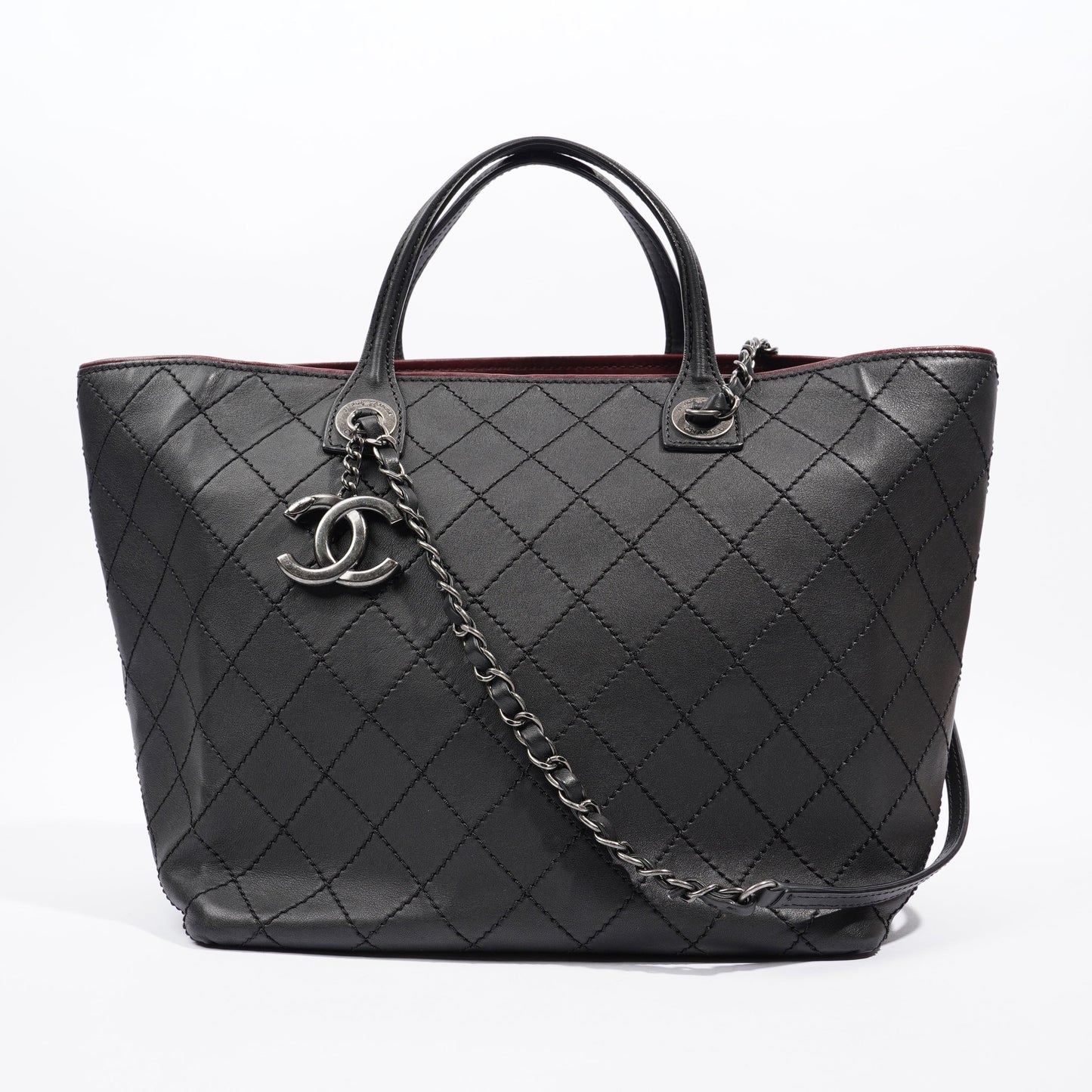 Chanel CC Charm Chain Shopping Tote Black Calfskin Leather Large