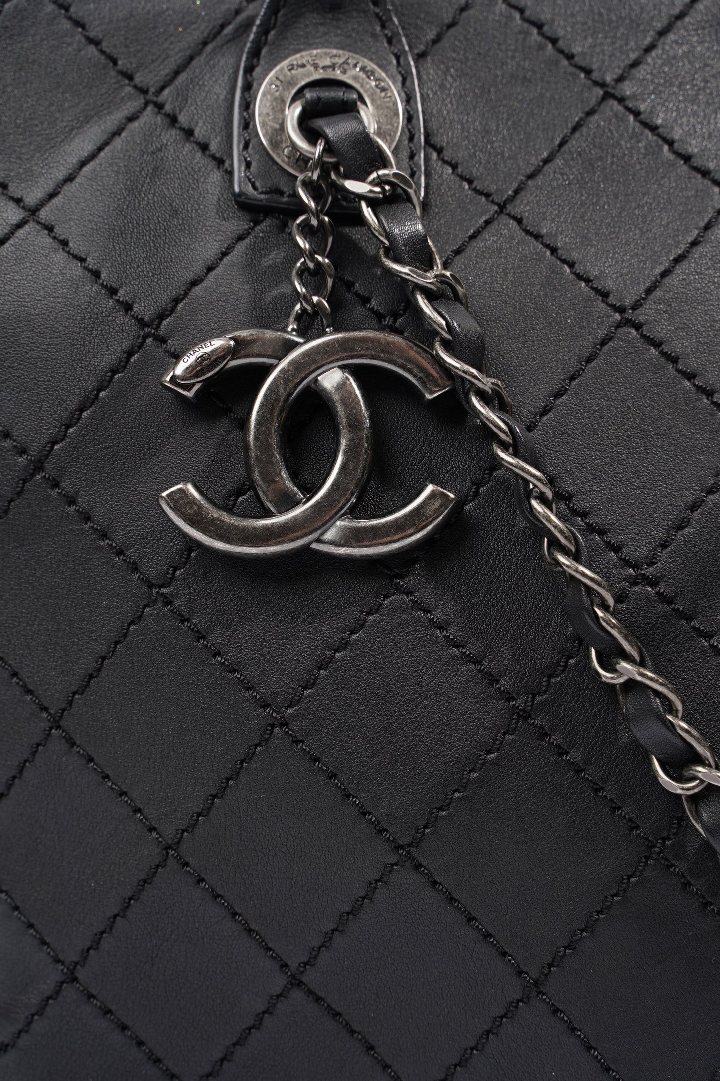Chanel CC Charm Chain Shopping Tote Black Calfskin Leather Large