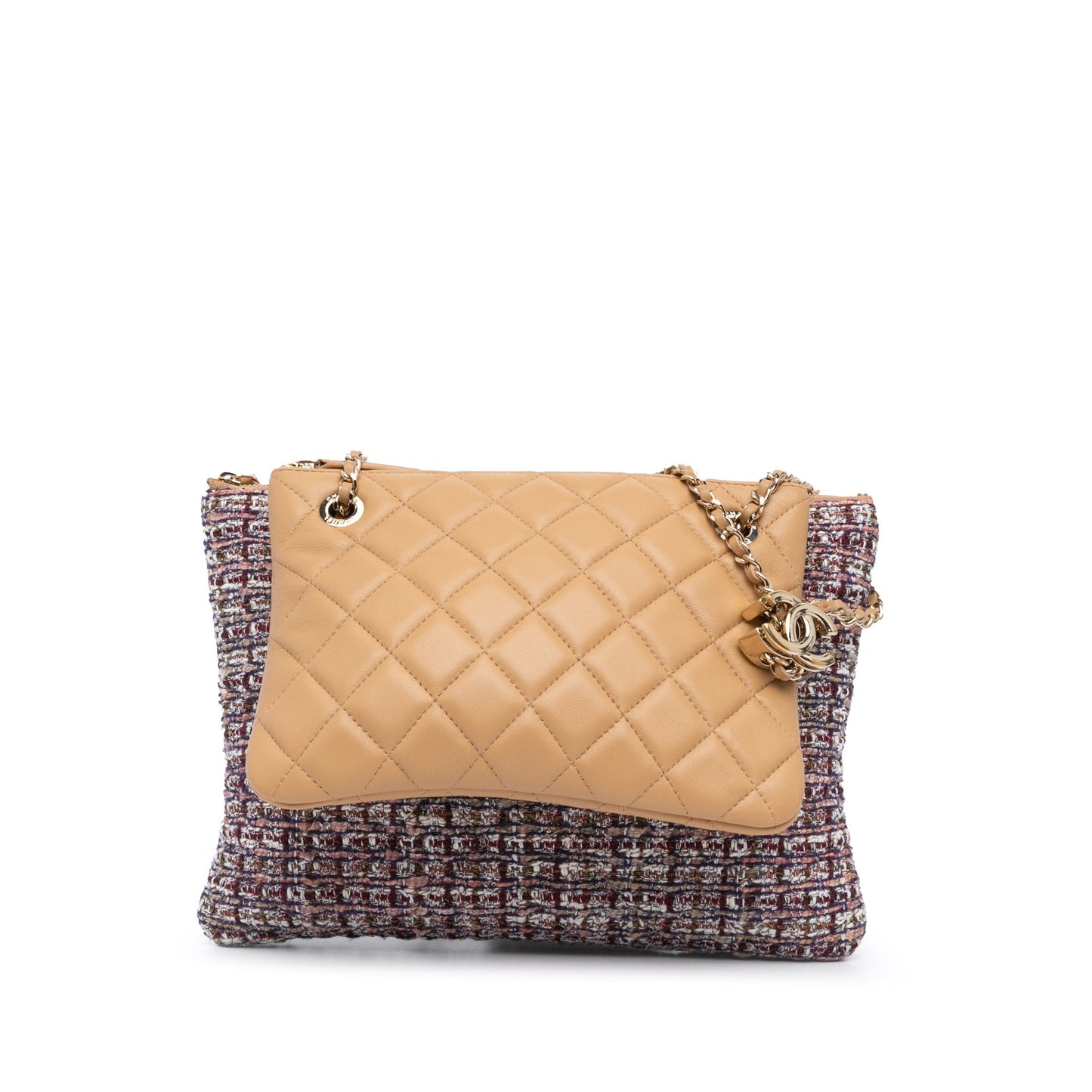 Tan Chanel Quilted Lambskin and Tweed Double Case with Chain Crossbody Bag