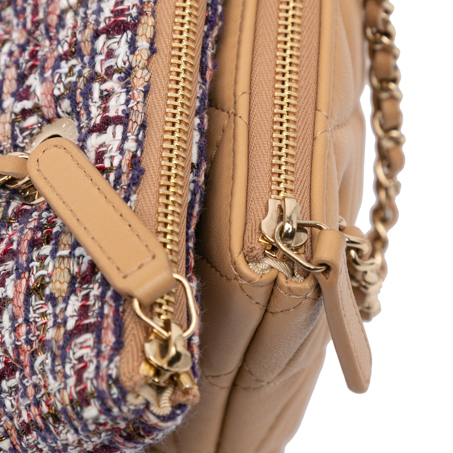Tan Chanel Quilted Lambskin and Tweed Double Case with Chain Crossbody Bag