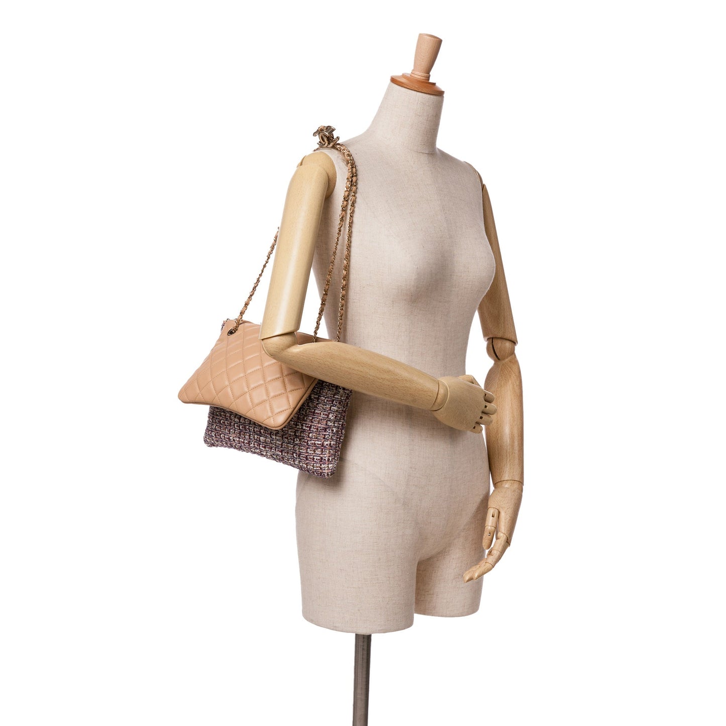 Tan Chanel Quilted Lambskin and Tweed Double Case with Chain Crossbody Bag