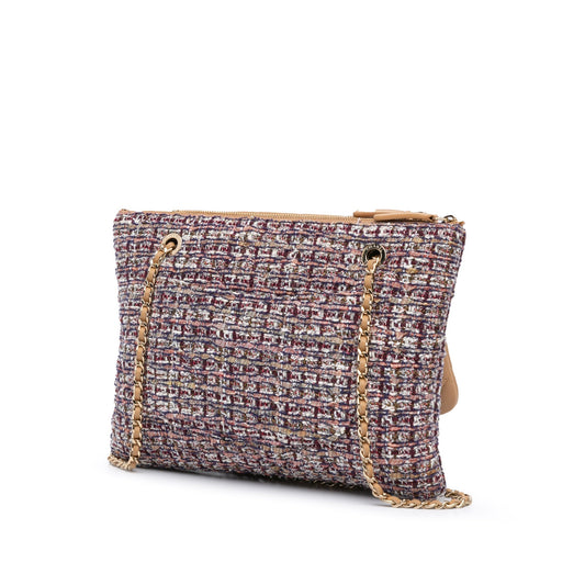 Tan Chanel Quilted Lambskin and Tweed Double Case with Chain Crossbody Bag