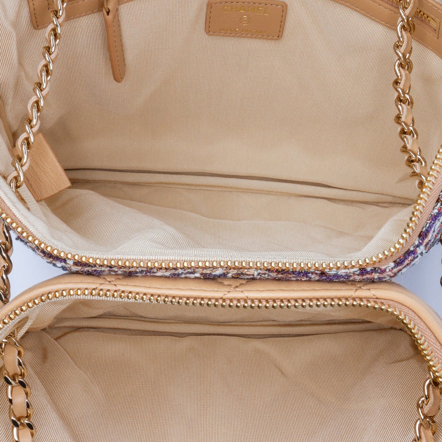 Tan Chanel Quilted Lambskin and Tweed Double Case with Chain Crossbody Bag