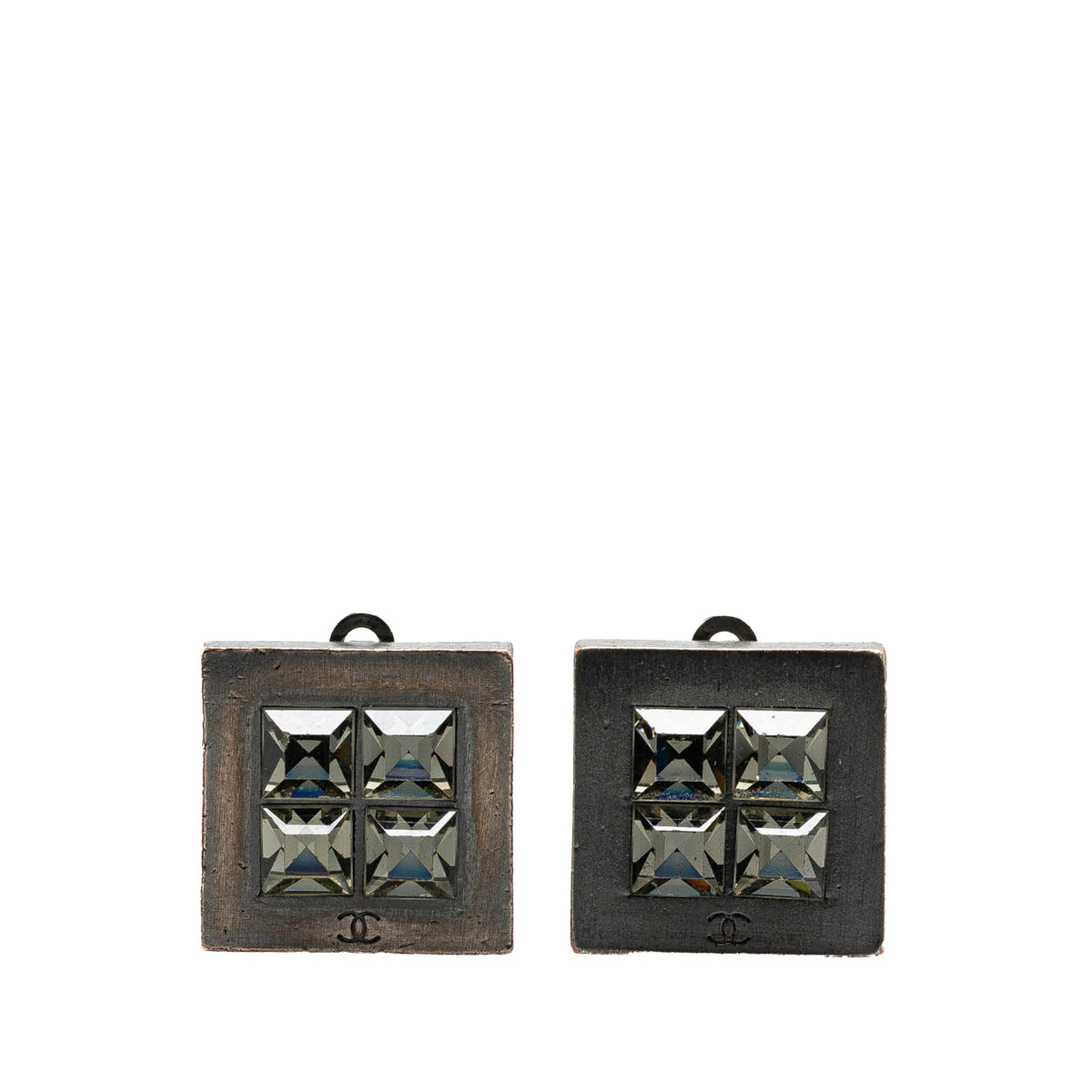 Silver Chanel Silver Plated Square Crystal Clip On Earrings