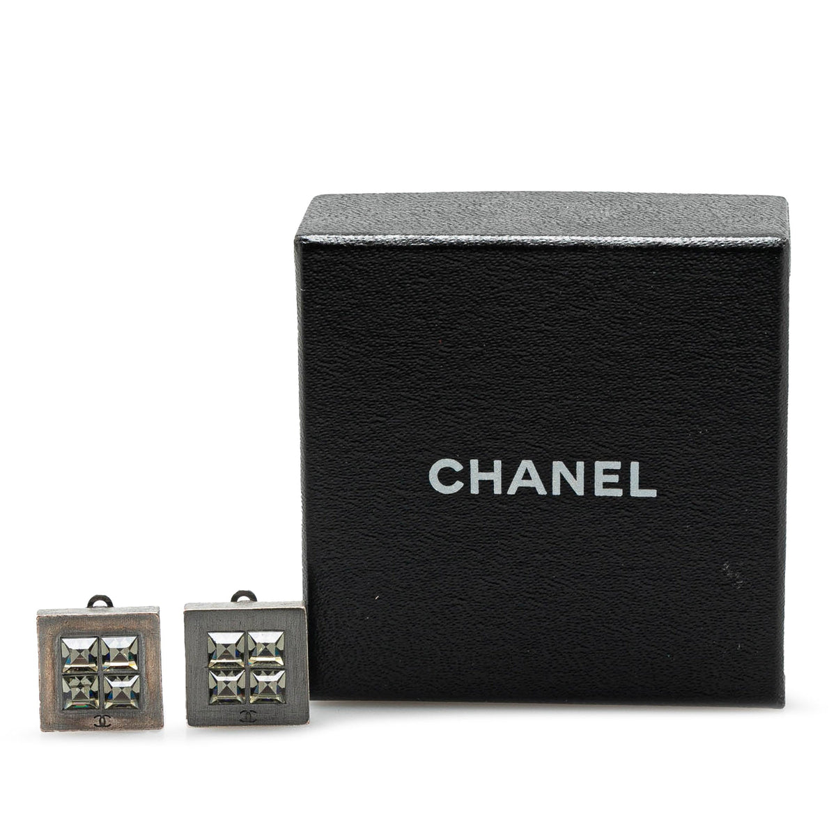 Silver Chanel Silver Plated Square Crystal Clip On Earrings
