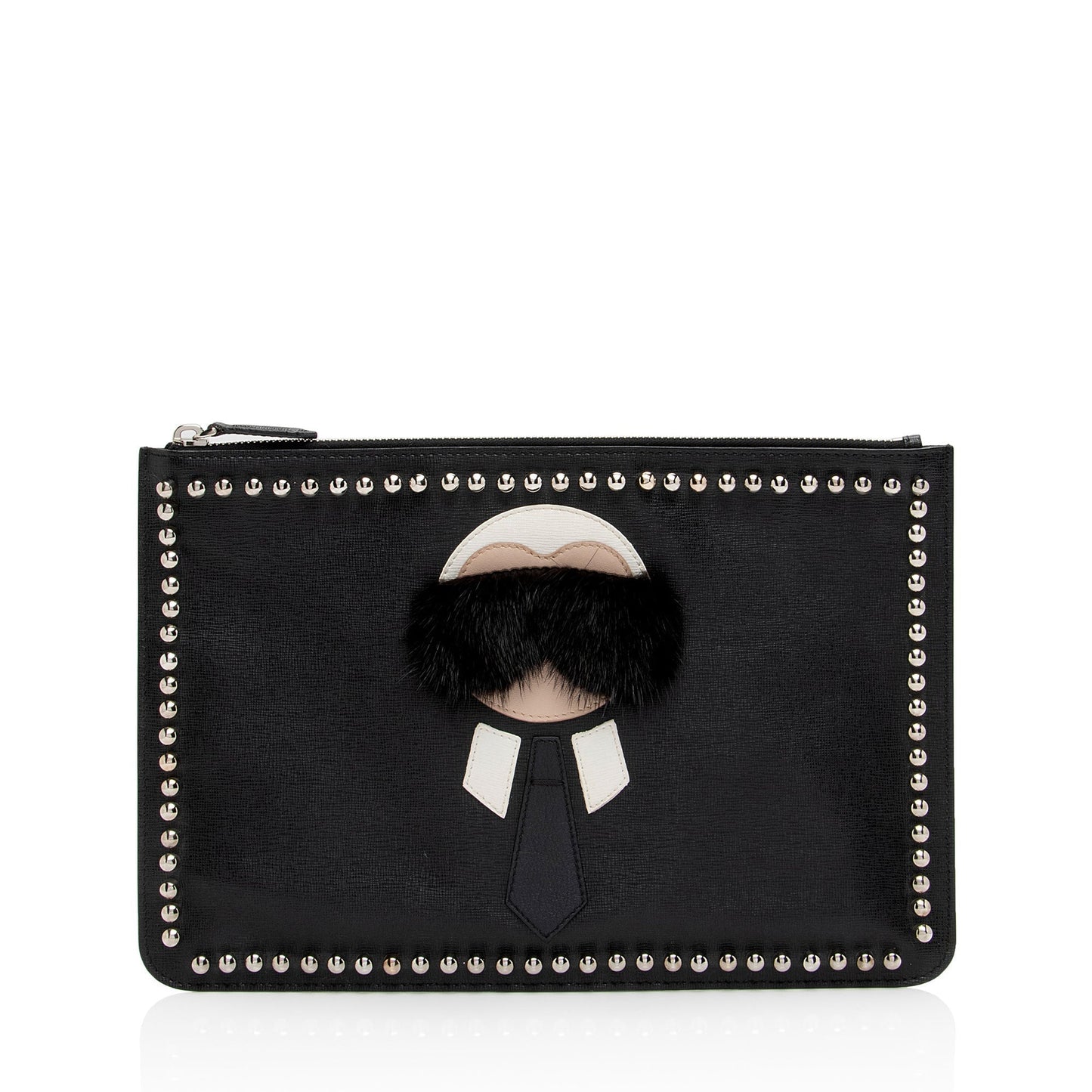 Fendi Studded Leather Mink Karlito Zip Pouch (SHF-Rdhiar)