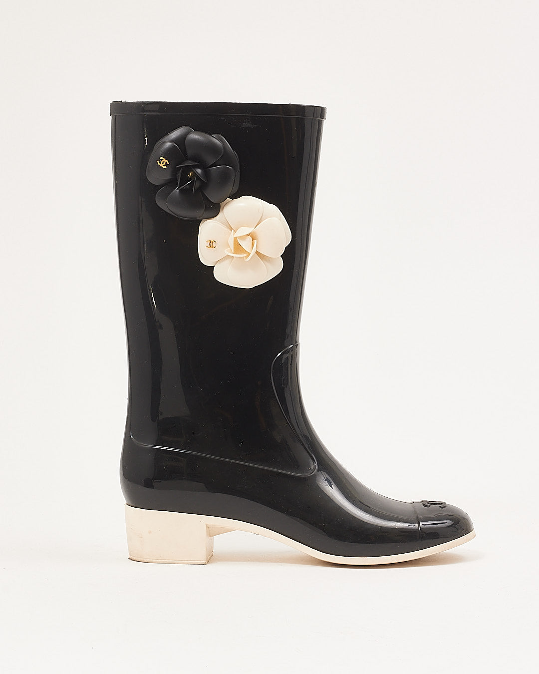 Chanel Black/Cream Rubber Rain Camellia Boots - 40