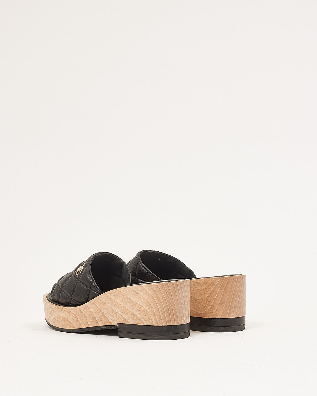 Chanel Black Leather Quilted Mule Slide Wooden Platform - 38