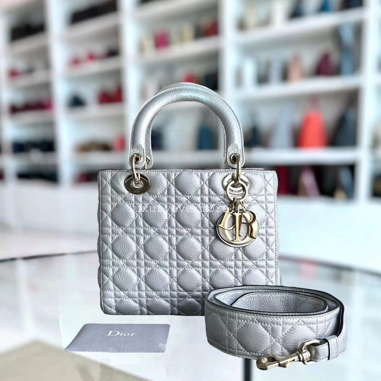 *Flap Open* Dior Lady Medium - Grained Calfskin Metallic Silver Golden Hardware