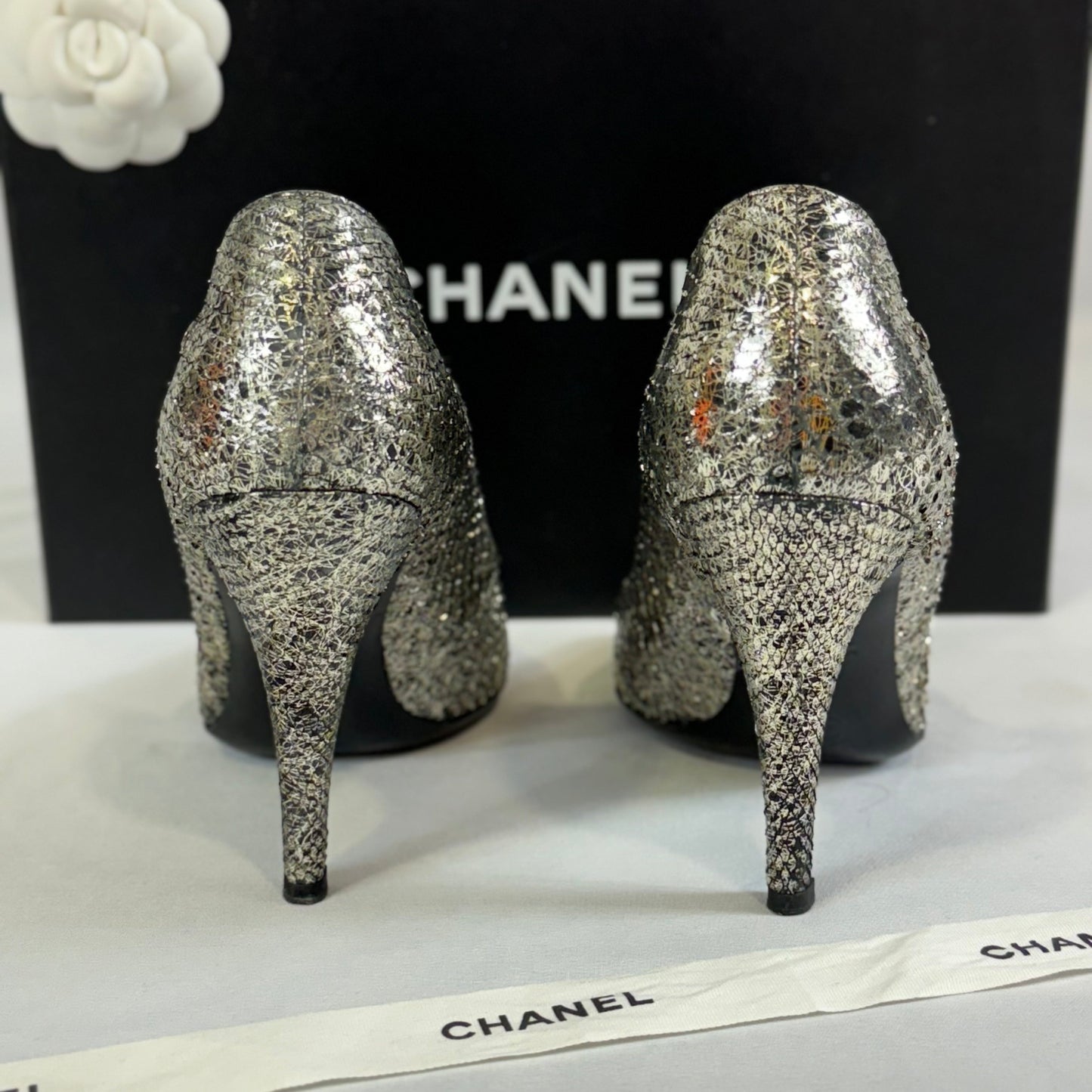 Chanel - Escarpins Python argenté T.37,5