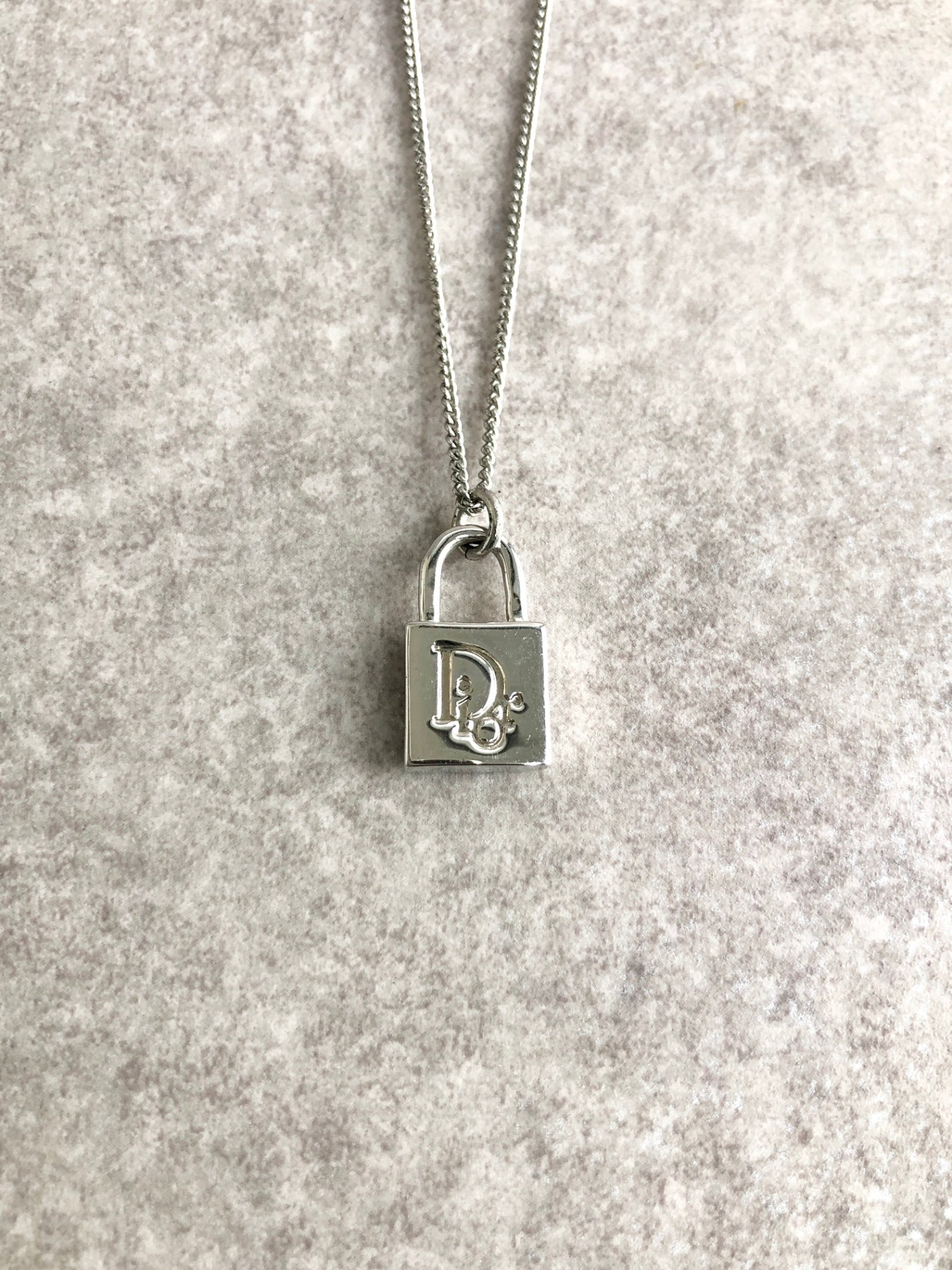Christian Dior Logo Motif Padlock Necklace Silver Vintage hs3e4b
