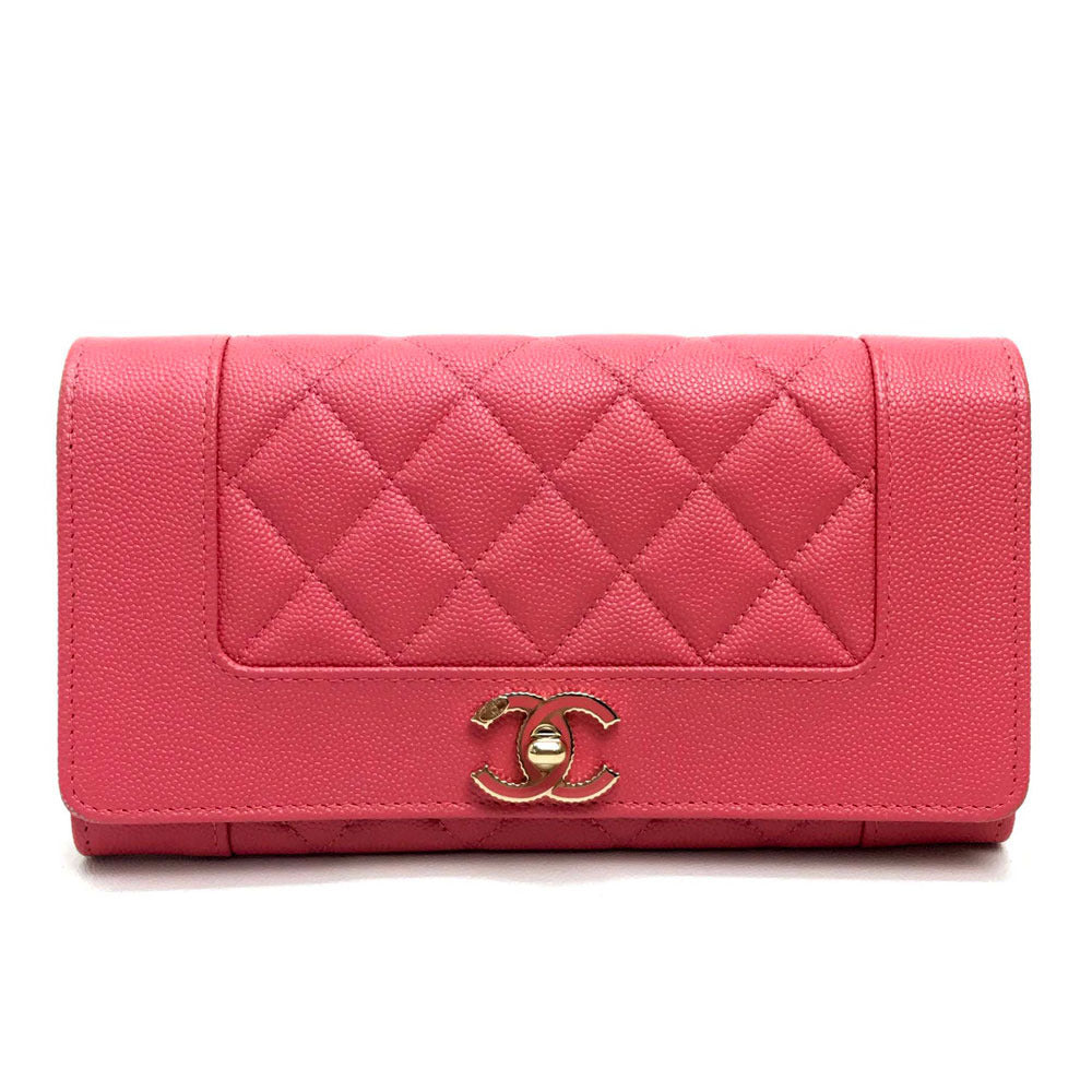 CHANEL Long Wallet Purse A80971 Caviar skin pink CC COCO Mark Matrasse Mademoiselle Women Used