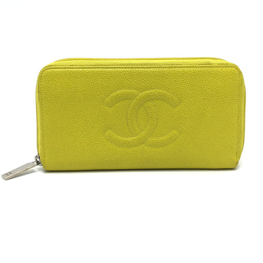 CHANEL Long Wallet Purse Caviar skin yellow CC COCO Mark Zip Around Women Used