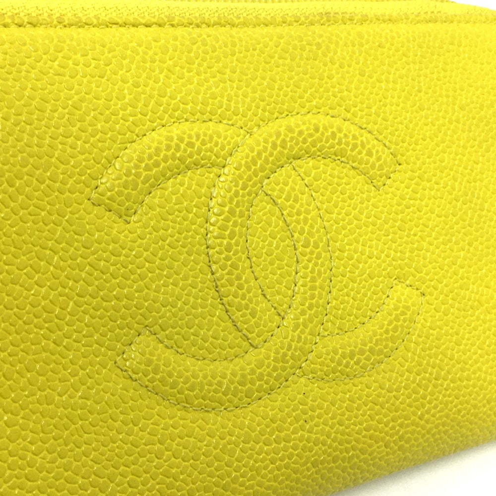 CHANEL Long Wallet Purse Caviar skin yellow CC COCO Mark Zip Around Women Used