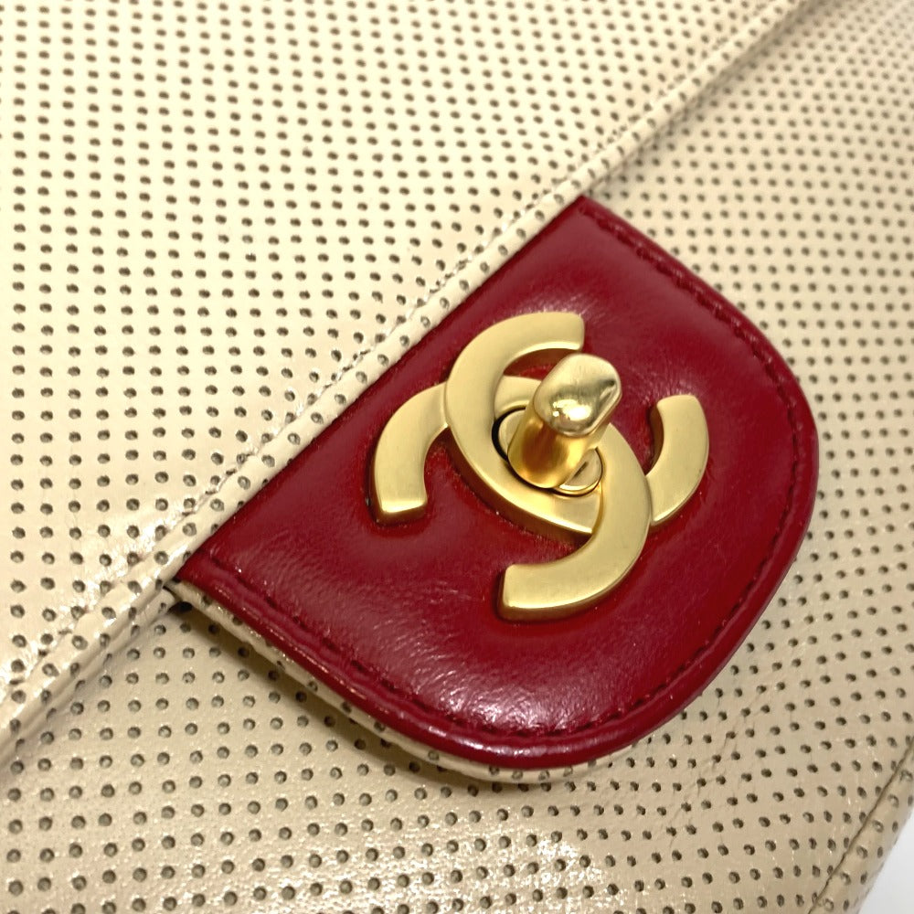 CHANEL Shoulder Bag leather Beige typex red COCO Mark CC Punching Bicolor Women Used