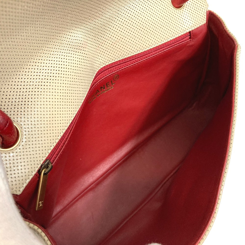 CHANEL Shoulder Bag leather Beige typex red COCO Mark CC Punching Bicolor Women Used