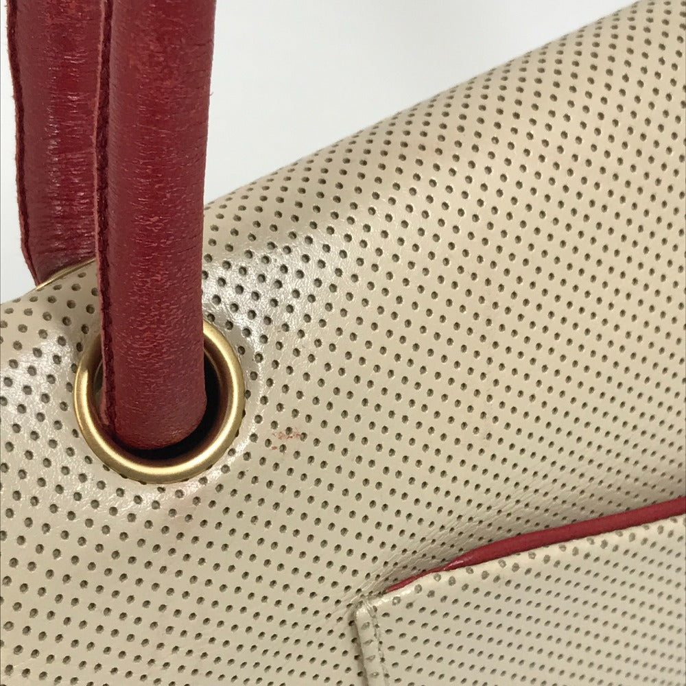 CHANEL Shoulder Bag leather Beige typex red COCO Mark CC Punching Bicolor Women Used