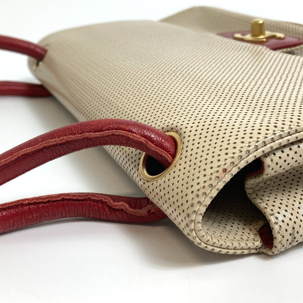 CHANEL Shoulder Bag leather Beige typex red COCO Mark CC Punching Bicolor Women Used