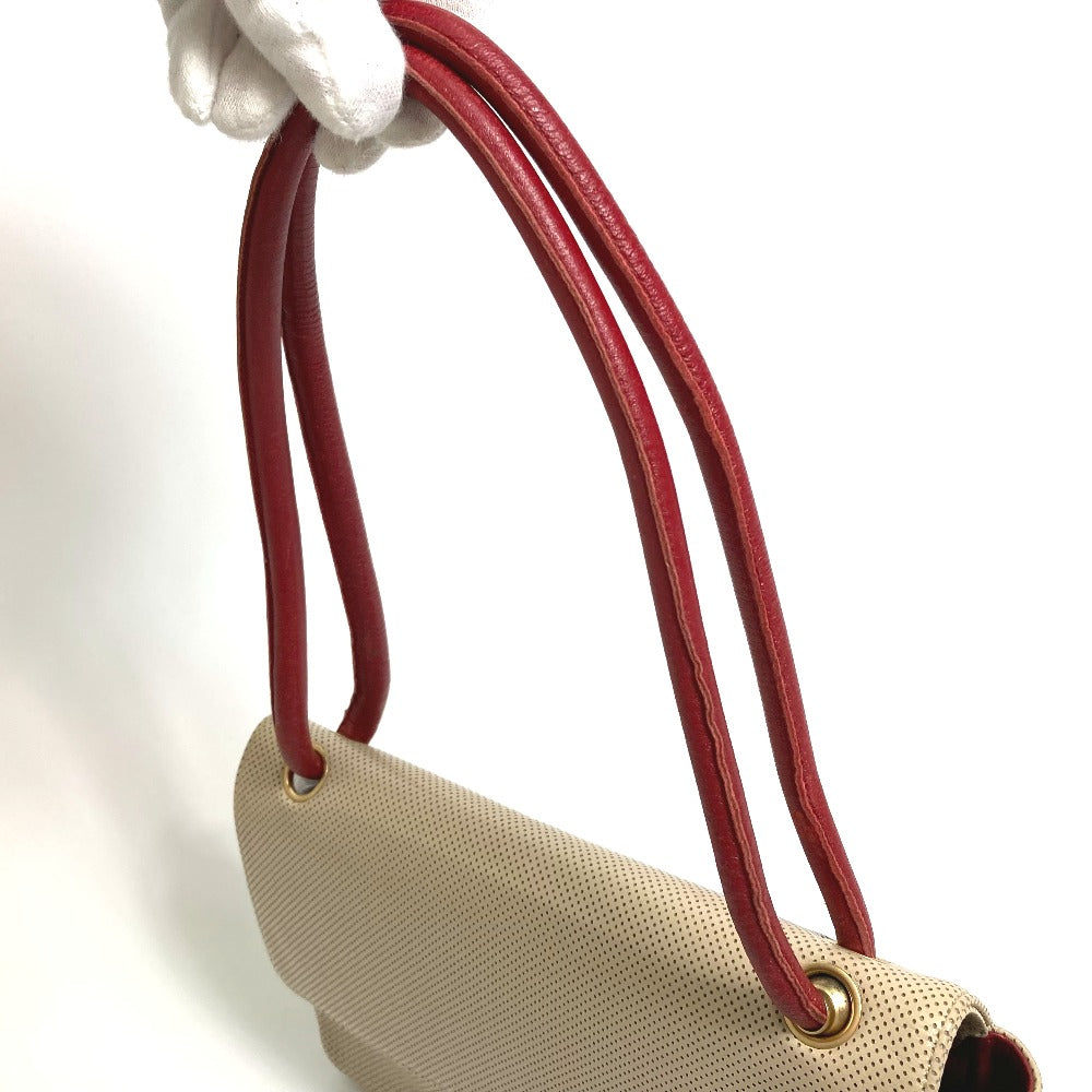 CHANEL Shoulder Bag leather Beige typex red COCO Mark CC Punching Bicolor Women Used