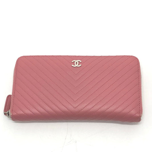 CHANEL Long Wallet Purse A50097 Caviar skin pink CC COCO Mark Wallet Women Used