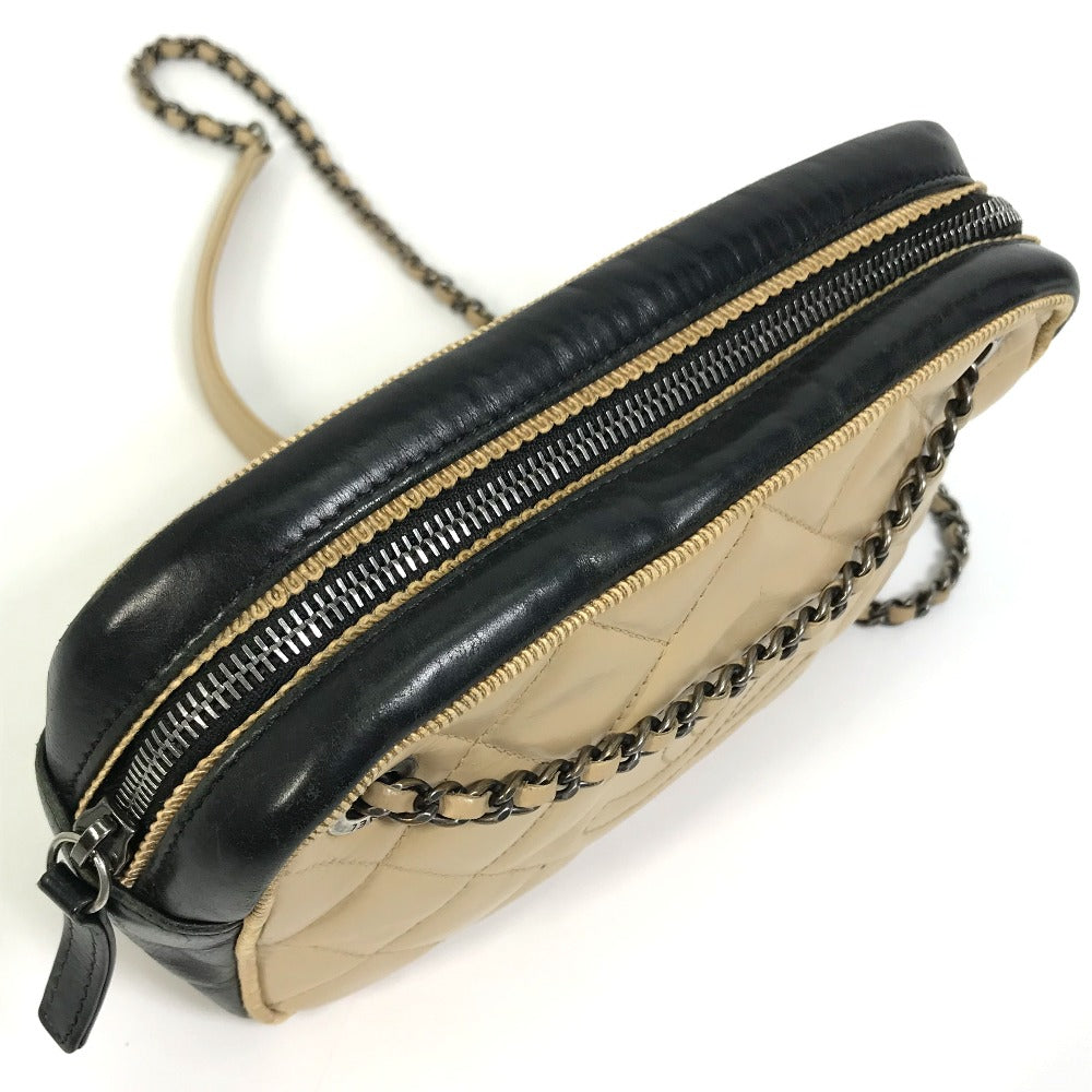 CHANEL Shoulder Bag Calf leather Beige x black CC COCO Mark ballerine Women Used