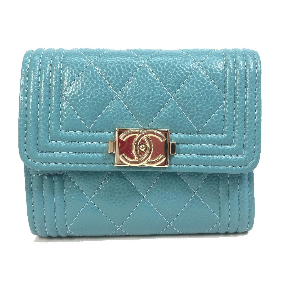 CHANEL Trifold wallet A84068 Soft caviar skin turquoise blue CC COCO Mark Boy chanel Women Used
