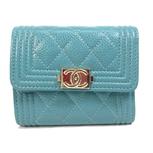 CHANEL Trifold wallet A84068 Soft caviar skin turquoise blue CC COCO Mark Boy chanel Women Used
