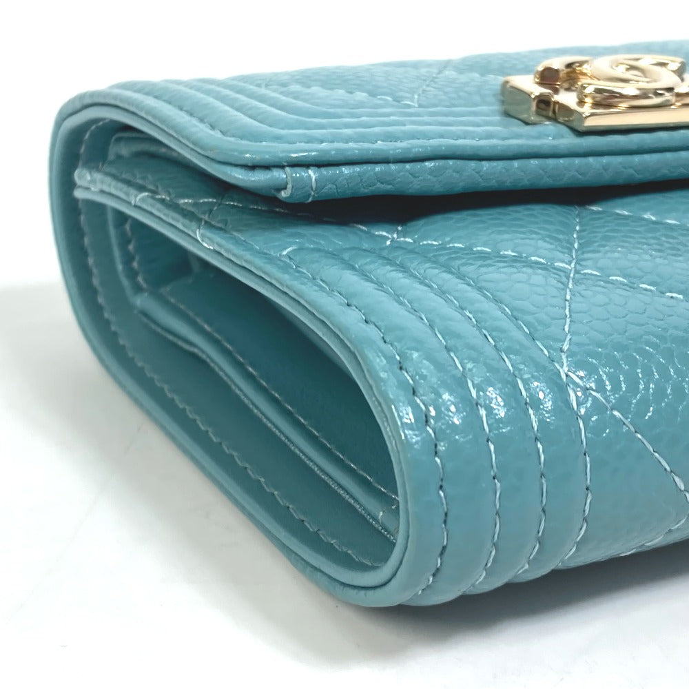 CHANEL Trifold wallet A84068 Soft caviar skin turquoise blue CC COCO Mark Boy chanel Women Used