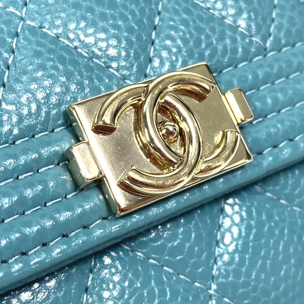 CHANEL Trifold wallet A84068 Soft caviar skin turquoise blue CC COCO Mark Boy chanel Women Used