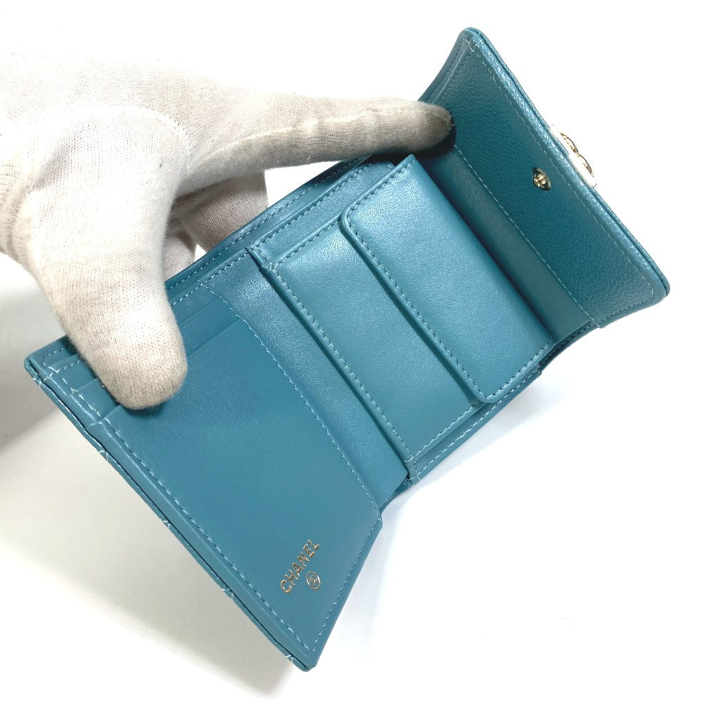 CHANEL Trifold wallet A84068 Soft caviar skin turquoise blue CC COCO Mark Boy chanel Women Used